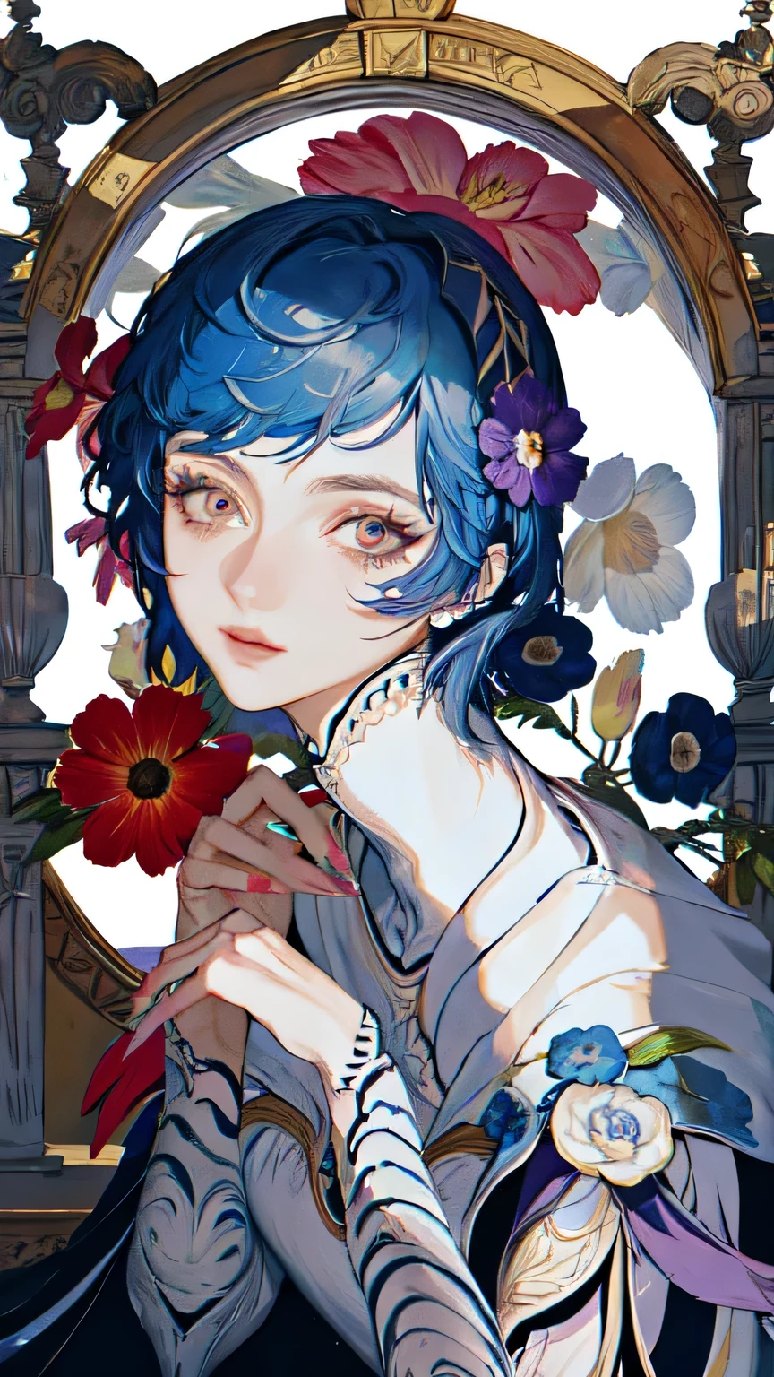 masterpiece, highest quality, One girl,flower,Skeleton, Blue Hair