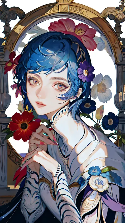 masterpiece, highest quality, one girl,flower,skeleton, blue hair