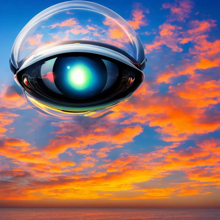 Primer plano de un globo ocular de aspecto robotico,la pupila color rojo,al fondo un paisaje de nubes en un cielo azul, abajo del ojo ,las letras R_6 en color amarillo, imagen tipo logotipo, alta calidad