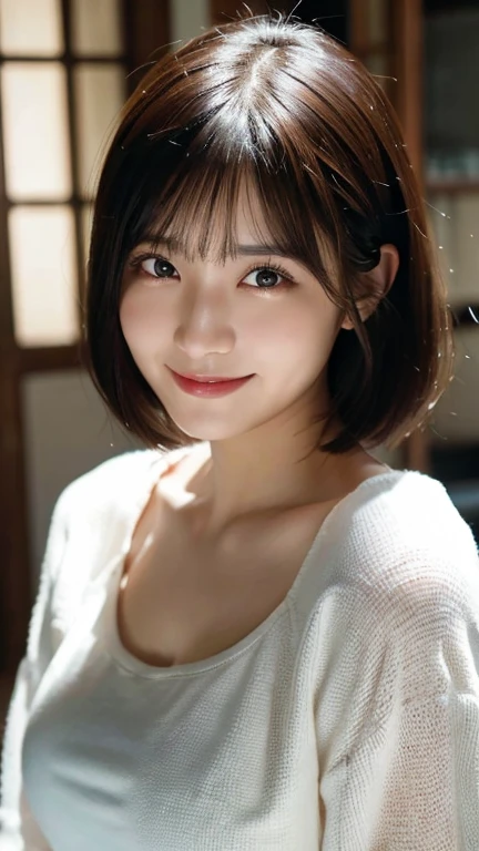 (highest quality,masterpiece:1.3,Ultra-high resolution),(Very detailed,Caustics,8k),(Realistic:1.4,RAW shooting),Japanese,28 years old,cute,I'm looking at the camera with a smile on my face,Black Hair,short hair,Duck mouth,Natural Makeup,big ,See-through,Dark brown blouse,Bust up shot,Warm Light,Natural light,Professional Writing
