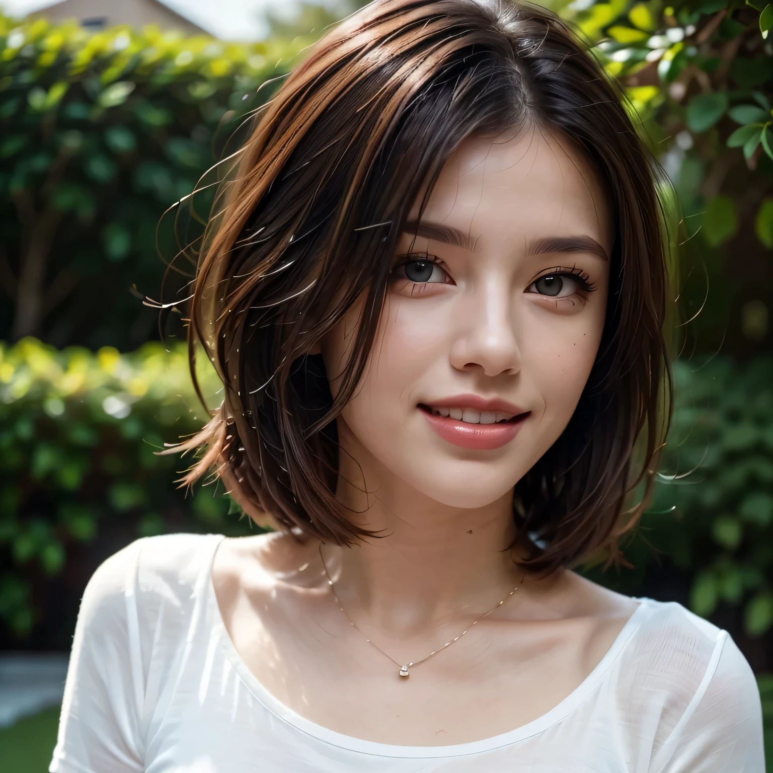 (8k, RAW Photos, highest quality, masterpiece, Realistic, Realistic), (1 female), (Ultimate beauty), Highly detailed face, (Perfect Teeth), Beautiful Eyes, double eyelid, eyelash, smile, Lip details, Brunette Bob, The light shines on your face, Big Breasts, ((T-Shirts)), (Upper Body), (background: garden), ((Written boundary depth))