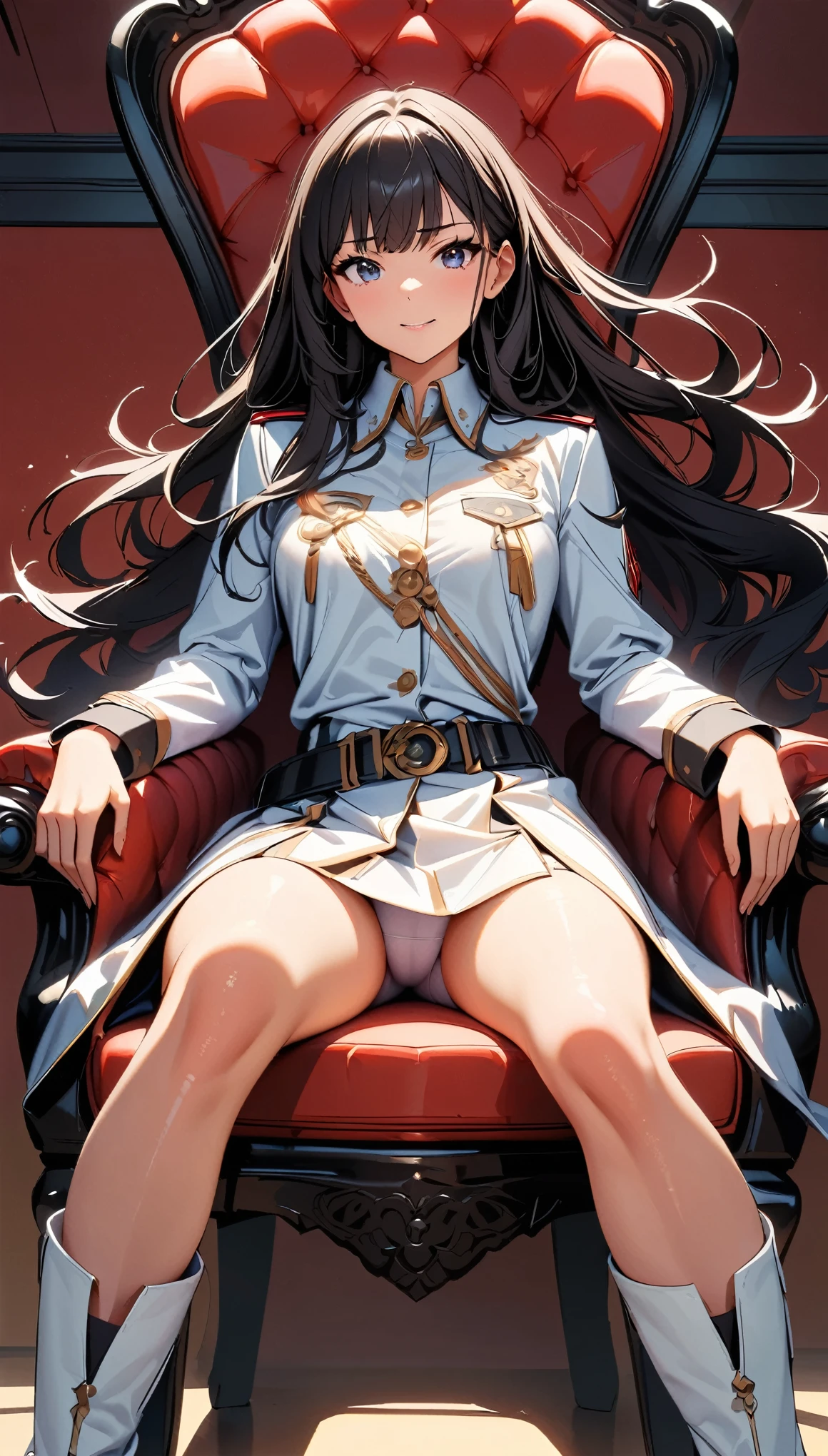 (highest quality:1.2, Very detailed, Latest, Vibrant, Ultra-high resolution, High Contrast, masterpiece:1.2, highest quality, Best aesthetics), 1 Female, Woman in military uniform, White bodysuit, Knee-high boots, Detailed equipment, Equipment attached to a belt, Extremely high quality weapon representation,, Glare, Long black hair, Flowing Hair, Shout, Intimidation, ambition, Sit in a luxurious chair, Sky curtain, Very delicate ornament, Red interior, Tapestry hanging on the wall, The light shines through, Dark Color Palette