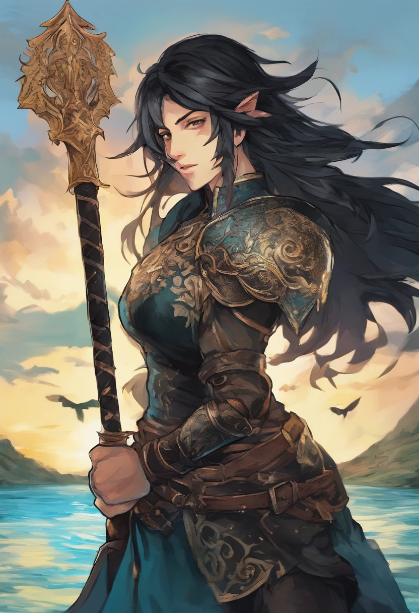 action shot of a young handsome man with black fringe hair. he wears a black outfit adorned with intricate metal details and teal accents. and fantasy armour, black legging and boots, he holding a colosal black sword, In a lake background, surrounded by monsters. black-grey spirit energy floats around him, 16K, vivid colors, vibrant colour