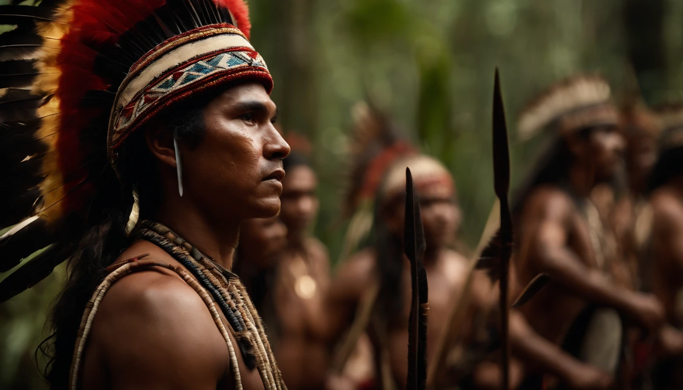 dozens of indigenous warriors in south america, in the atlantic forest with feather headdresses and spears