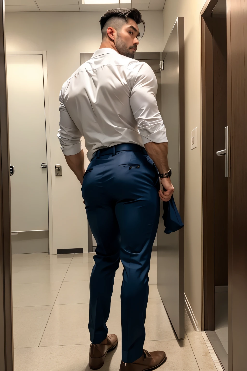 40-year-old boy ,Japanese muscular male in white  Hong Kong police officer shirt.... carries armory...... navy blue pinstripe trouser..... seductive expression....................  dripping on body and pants...................., arching back............... looking back to the camera. [[ big unrealistic butt,]] hairy legs.................. muscular thigh......................low angle camera........... in locker room........