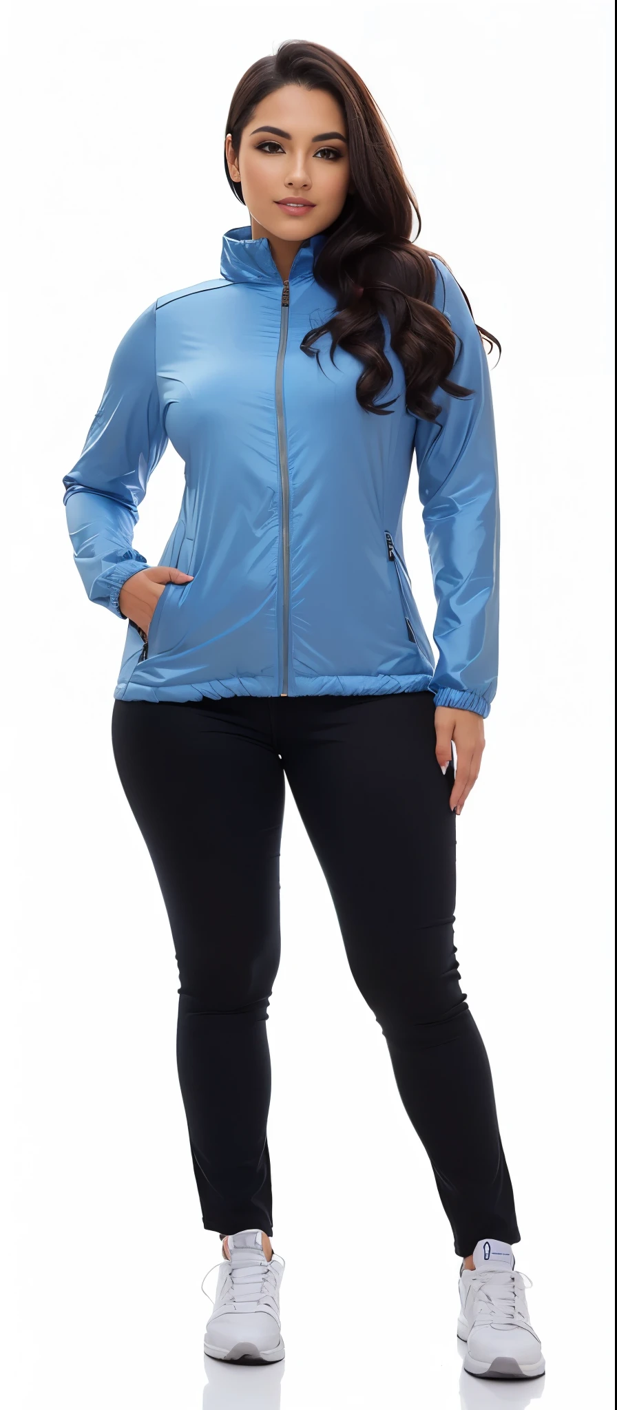 a woman in a Jaqueta azul and black pants posing for a picture, harmony Jaqueta azul, Jaqueta azul, mulher exploradora com capuz, roupas casuais modernas, roupas de caminhada, Hodie Mihi Cras Tibi, foto completa do produto, roupas esportivas, fotografia de roupas, roupas esportivas, Foto promocional, wearing Jaqueta azul, wearing a Jaqueta azul, foto oficial do produto, maxar