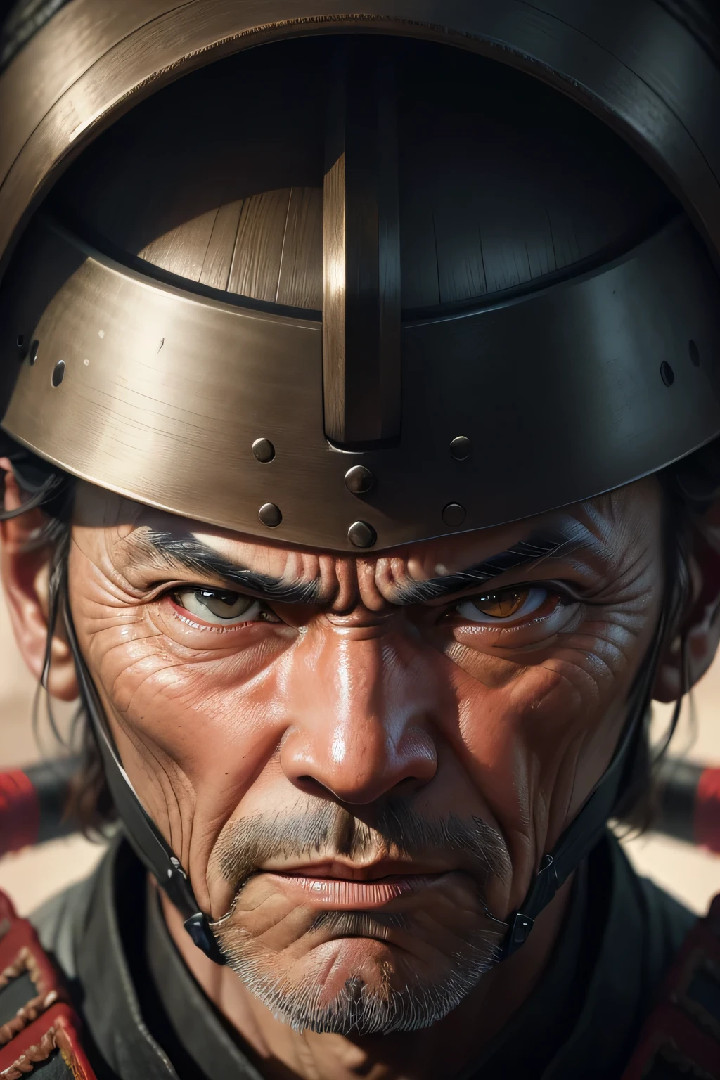 Realistic ultra HD close-up portrait,A samurai wearing a war mask, Wrinkles ,Facial expressions show strong emotions