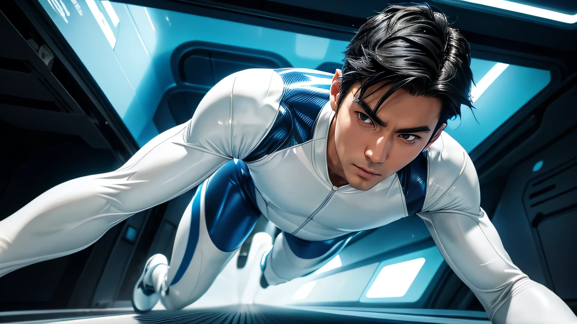 Handsome Men Black hair, shaved, Japanese, 22 years old Science fiction Run at full speed Short Hair Looking at the camera while running s A tight white and blue rubber suit Futuristic tight rubber suit Bulge The man has nothing in his hands Run at full speed white glove Space station interior Frontal close-up of sprinting