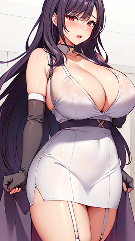 1 girl, purple and slightly black hair, ((Mature female , Large Breasts、Low-cut，Cleavage, cleveage、Thick thighs, Wide hips, Curvy beauty, Perfect body)Focus on girls, Awkward, blush, charming, Close your eyes, open mouth，with tears in eyes, Saliva residue, The hem of the skirt is wet, Brushed, Vibrator line bulge, Vibrator in garter belt, The Last Vision, White short top，Elbow pads, Fingerless gloves, Suspenders, Pencil Skirt, White T-shirt, sexy look, Short skirt, mini skirt, Pencil Skirt Subway car interior background, In the crowd,