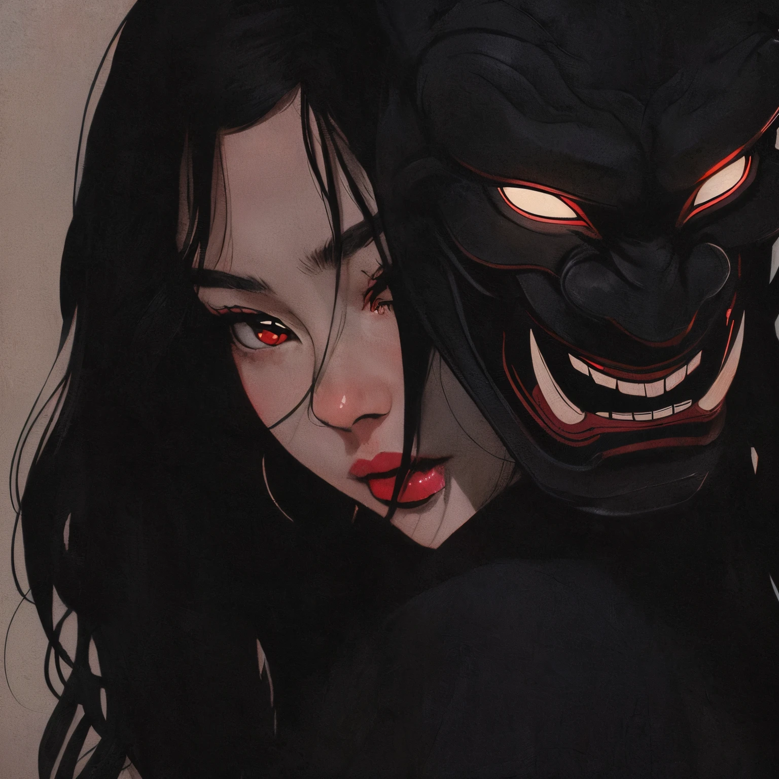 anime girl with a demon mask and red lips, dark illustration, ruan jia and joao ruas, dark but detailed digital art, alena aenami and artgerm, woman loves demon, rob rey and kentaro miura style, with red glowing eyes, alena aenami and android jones, in style of dark fantasy art, portrait of demon girl