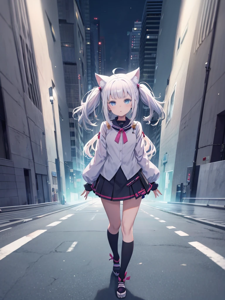 Anime girl with white hair and blue eyes standing in the city、Anime girl with white hair and blue eyes wearing cat ears, anime Cat girl, anime Cat-eared girl, beautiful anime Cat girl, cute anime Cat girl, Cat girl, Cat-eared girl, Nuksan, 白Cat girl, Anime Cat, Anime-style artwork, Anime style portrait, Anime Moe Art Style, Anime art style