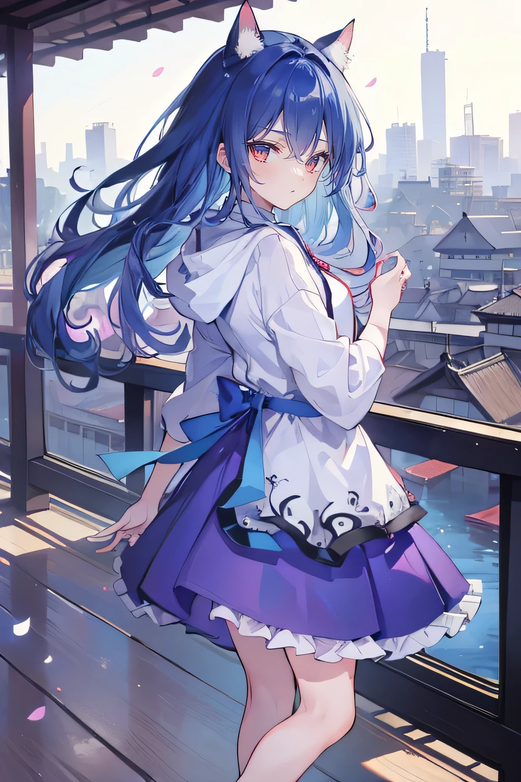 (best quality,4k,8k,highres,masterpiece:1.2),ultra-detailed,realistic eyes, fair skin, perfect facial features: eyes, nose, lips, long eyelashes, beautiful and detailed eyes and face, gorgeous blue hair flowing in the wind, flowing clothes, delicate cat ears, petals falling around, a beautiful Lola, a baby angel, the girl gently shaking her head with one hand, legs crossed, a serene and peaceful background with a cool and comfortable pavilion, a gentle smile, wearing a hoodie, the background of Tokyo, a view of the girl from behind, snowing, winter, wet clothes.
