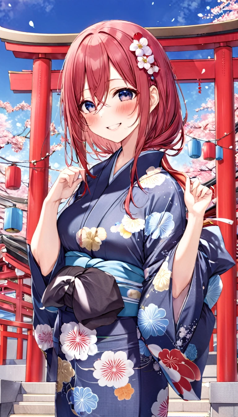 Nakano Miku、Yukata、smile、Blushing、high resolution、High definition、shrine、Festivals