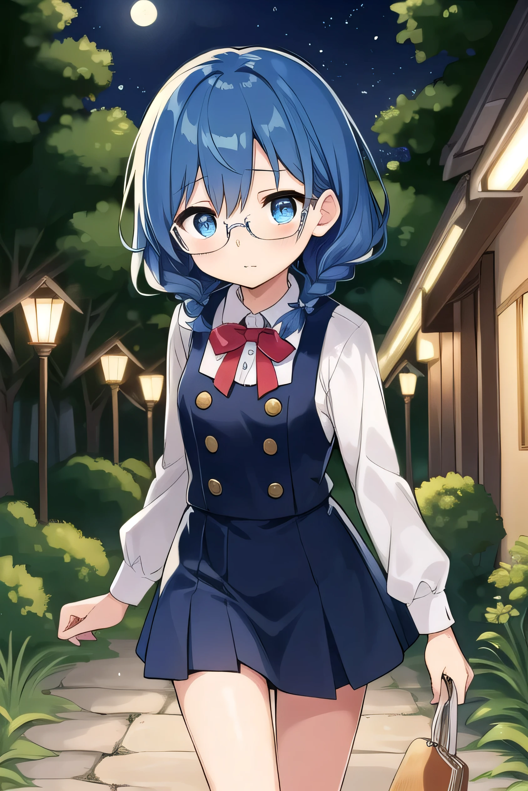 small breasted girl, short, elementary school student, blue hair, fishtail braid, blue eyes, round eyes, shy, shy, , short, young face, short height, , glasses with no edges,night,walking，night, dark, lights out, moonlight，all the street lights are out，in the forest，，Silk Lingerie Set