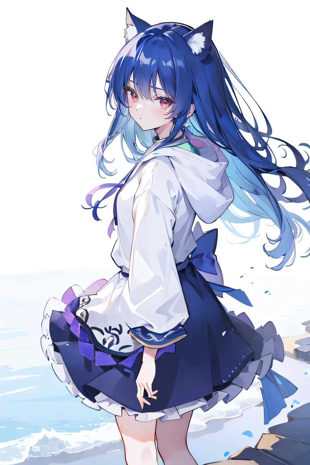 (best quality,4k,8k,highres,masterpiece:1.2),ultra-detailed,realistic eyes, fair skin, perfect facial features: eyes, nose, lips, long eyelashes, beautiful and detailed eyes and face, gorgeous blue hair flowing in the wind, flowing clothes, delicate cat ears, petals falling around, a beautiful Lola, a baby angel, the girl gently shaking her head with one hand, legs crossed, a serene and peaceful background with a cool and comfortable pavilion, a gentle smile, wearing a hoodie, the background of Tokyo, a view of the girl from behind, snowing, winter, wet clothes.