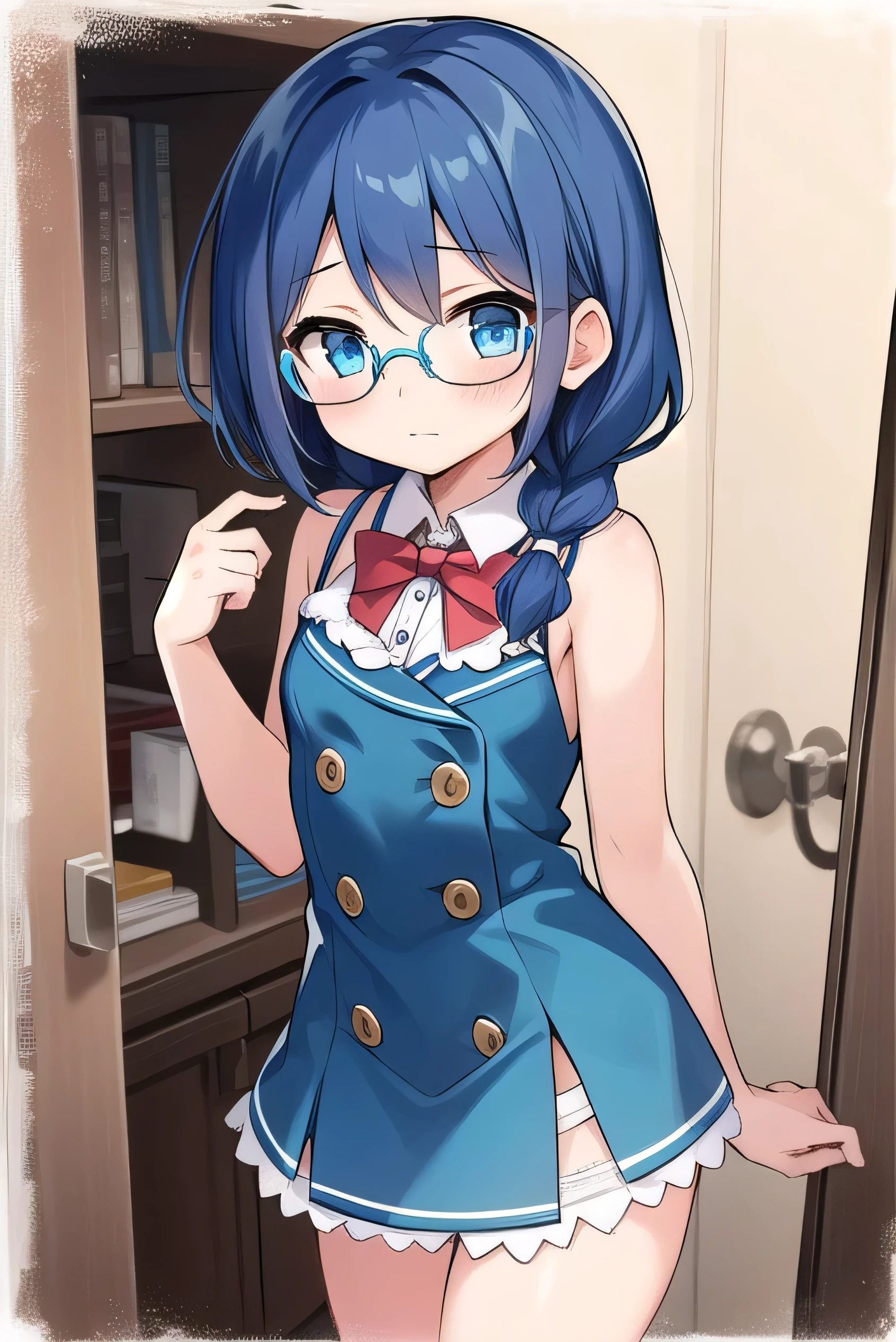small breasted girl, short, , blue hair, fishtail braid, blue eyes, round eyes, shy, shy, , short, young face, short height, , glasses with no edges,Silk Lingerie Set