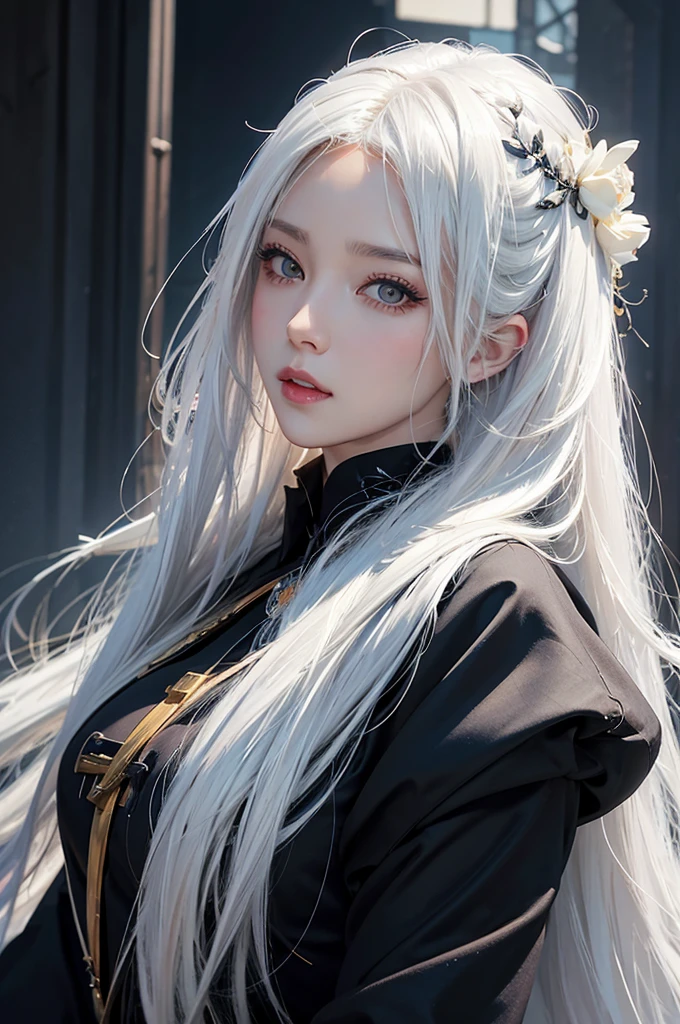 a close up of a woman with long white hair and a black dress, detailed digital anime art, guweiz on artstation pixiv, guweiz on pixiv artstation, girl with white hair, artgerm. high detail, artgerm on artstation pixiv, detailed portrait of anime girl, digital art on pixiv, digital anime art