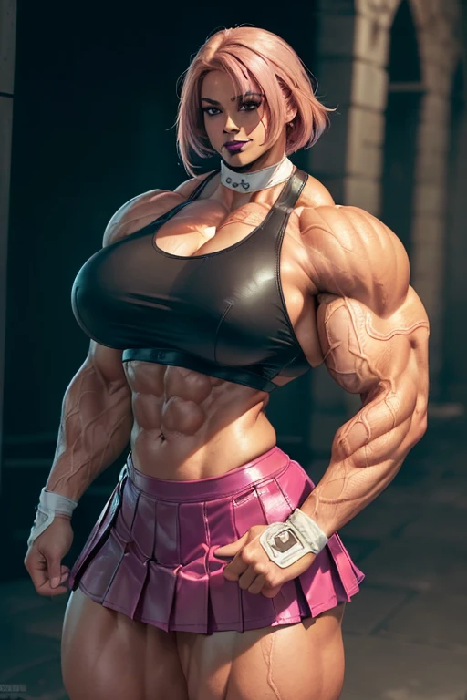 (((((Massive, tall, beautiful, light brown skinned, buff, muscular woman with shocking pink hair, black lipstick, ginormous bulky muscles and wearing a white leather sports bra with pleated skirt))))), (close view), (massive muscle), massive biceps, hyper muscle shoulders, vascular shoulders, hyper muscle triceps, (angled bob cut), red eyes, (wristbands), choker, school shoes, (in penitentiary), fingerless gloves, closed smile, night, hyper vascular arm, hyper muscles arms, hyper muscle legs, massive arms.