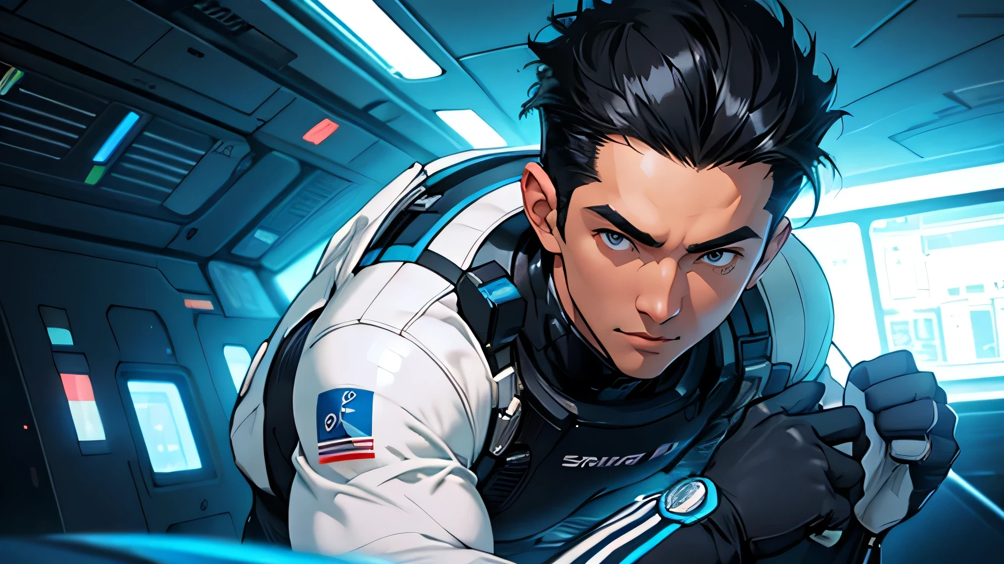 Handsome Men Black hair, shaved, Japanese, 22 years old Science fiction Run at full speed Short Hair Looking at the camera while running A tight white and blue rubber suit Futuristic tight rubber suit Bulge The man has nothing in his hands Run at full speed white gloves Space station interior Frontal close-up of sprinting