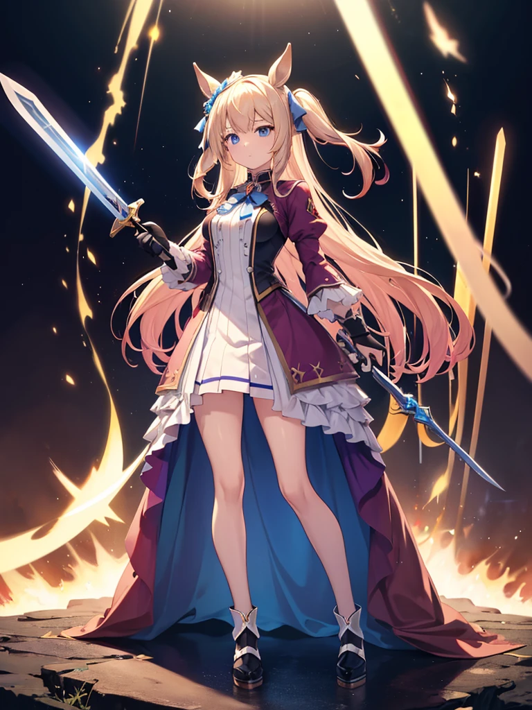 Woman with long blonde hair and blue eyes with sword、((masterpiece))、highest quality、(Full-body wide-angle)、Neo Universe(umamusume)、(One Girl、solo)、(Horse&#39;s ears、Horse Girl)、Beautiful Blue Eyes、Expressionless、(Blonde long hair)、Spread your hair、((Small Tits))、(((Training wear)))、Mouth closed、In the gym、Training Equipment