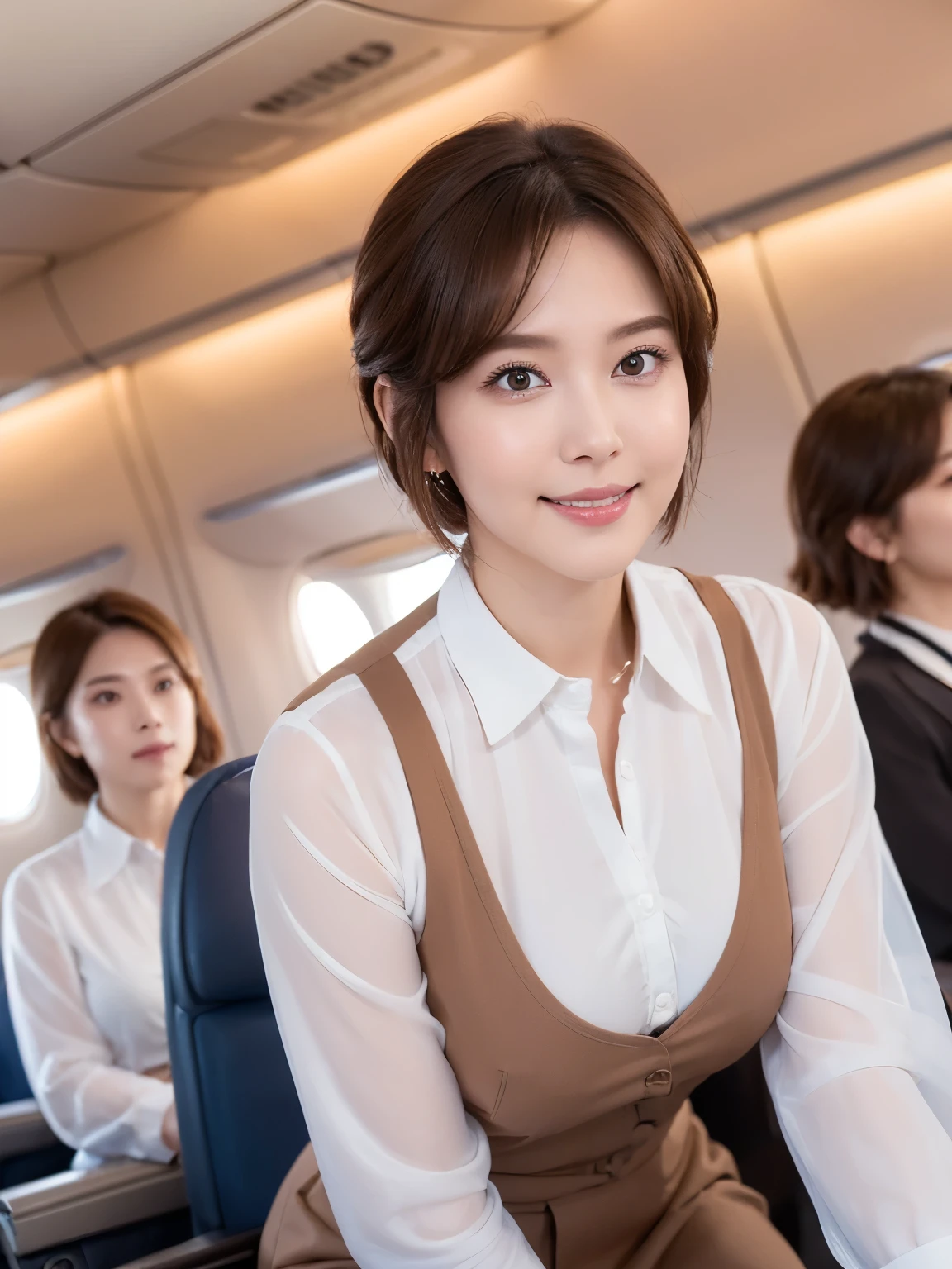 1 Female, A young woman aged 20、Ultra detailed face、Detailed lips、Detailed eyes、double eyelid、Round face、(Brown Hair、short hair、Bob Hair、Like an airplane stewardess々Do a good job)、(Stewardess Uniform:1.2)、(Attractive body)、(Huge breasts、smile、Gentle expression、Thighs Thighs Thighs Thighs, Exactly, Perfect Image Realism, background: (Business class aisle on airplane:1.2), 詳細なbackground, Attention to detail in the costumes, Perfect lighting、Hyperrealism、(Photorealistic:1.4)、Maximum resolution 8K, (masterpiece), Very detailed, Professional