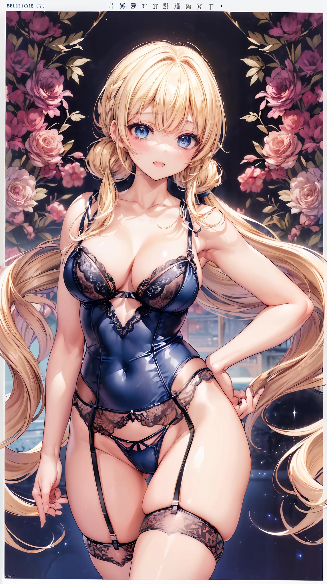 (Adult women:1.5)、Very detailed、highest quality、Best image quality、masterpiece、8k、Anime Face、A kind smile、(Open your mouth:1.3)、Sparkling blue eyes、(Blonde low twin tail:1.5)、Muscles of the whole body、(High leg:1.5)、Thigh belt、(Wearing lingerie:1.5)、(Cowboy Shot:1.5)、(SFW Giant)、(Put your hands on your hips)