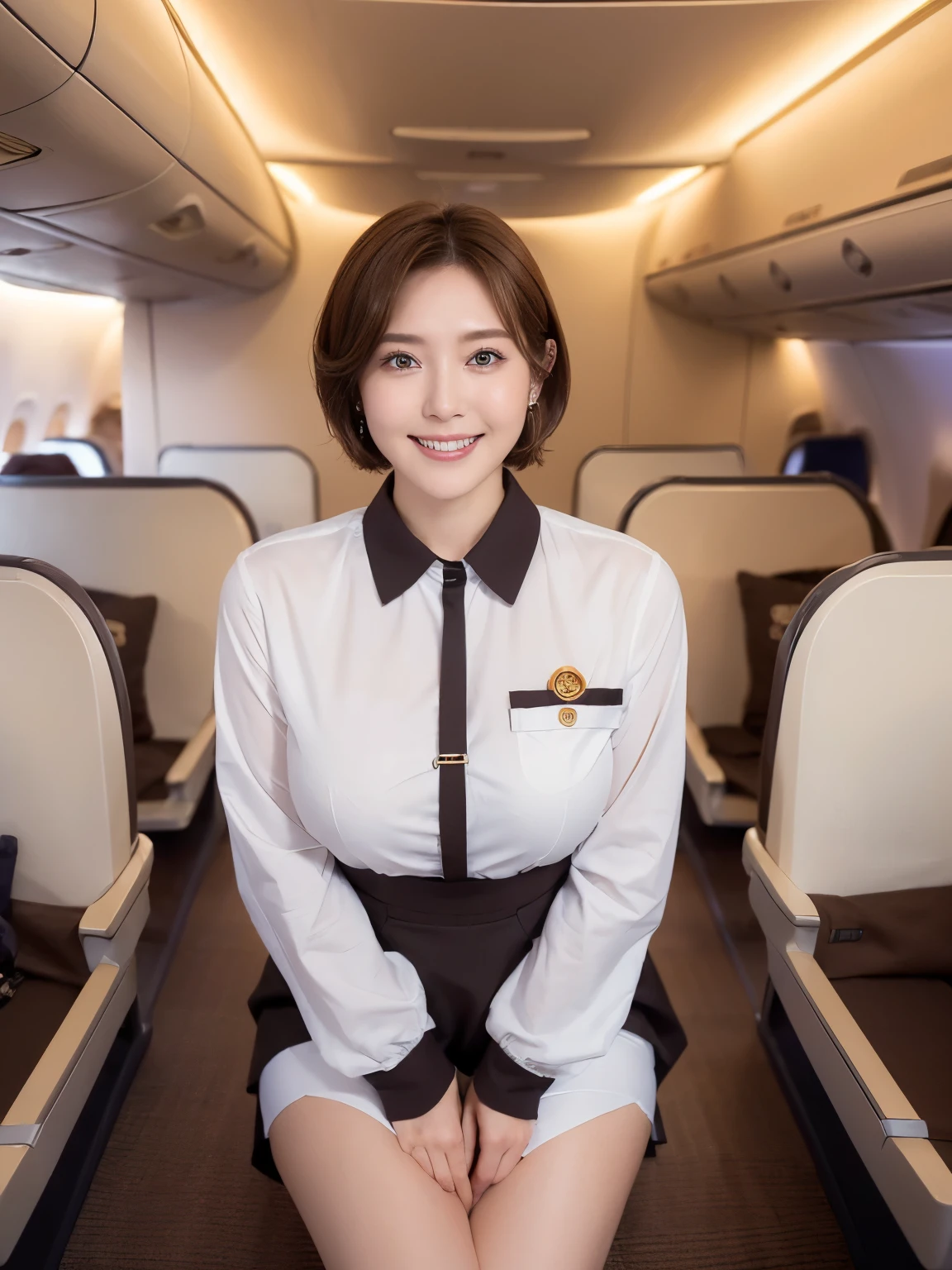 1 Female, A young woman aged 20、Ultra detailed face、Detailed lips、Detailed eyes、double eyelid、Round face、(Brown Hair、short hair、Bob Hair、Like an airplane stewardess々Do a good job)、(Stewardess Uniform:1.2)、(Attractive body)、(Huge breasts、smile、Gentle expression、Thighs Thighs Thighs Thighs, Exactly, Perfect Image Realism, background: (Business class aisle on airplane:1.2), 詳細なbackground, Attention to detail in the costumes, Perfect lighting、Hyperrealism、(Photorealistic:1.4)、Maximum resolution 8K, (masterpiece), Very detailed, Professional