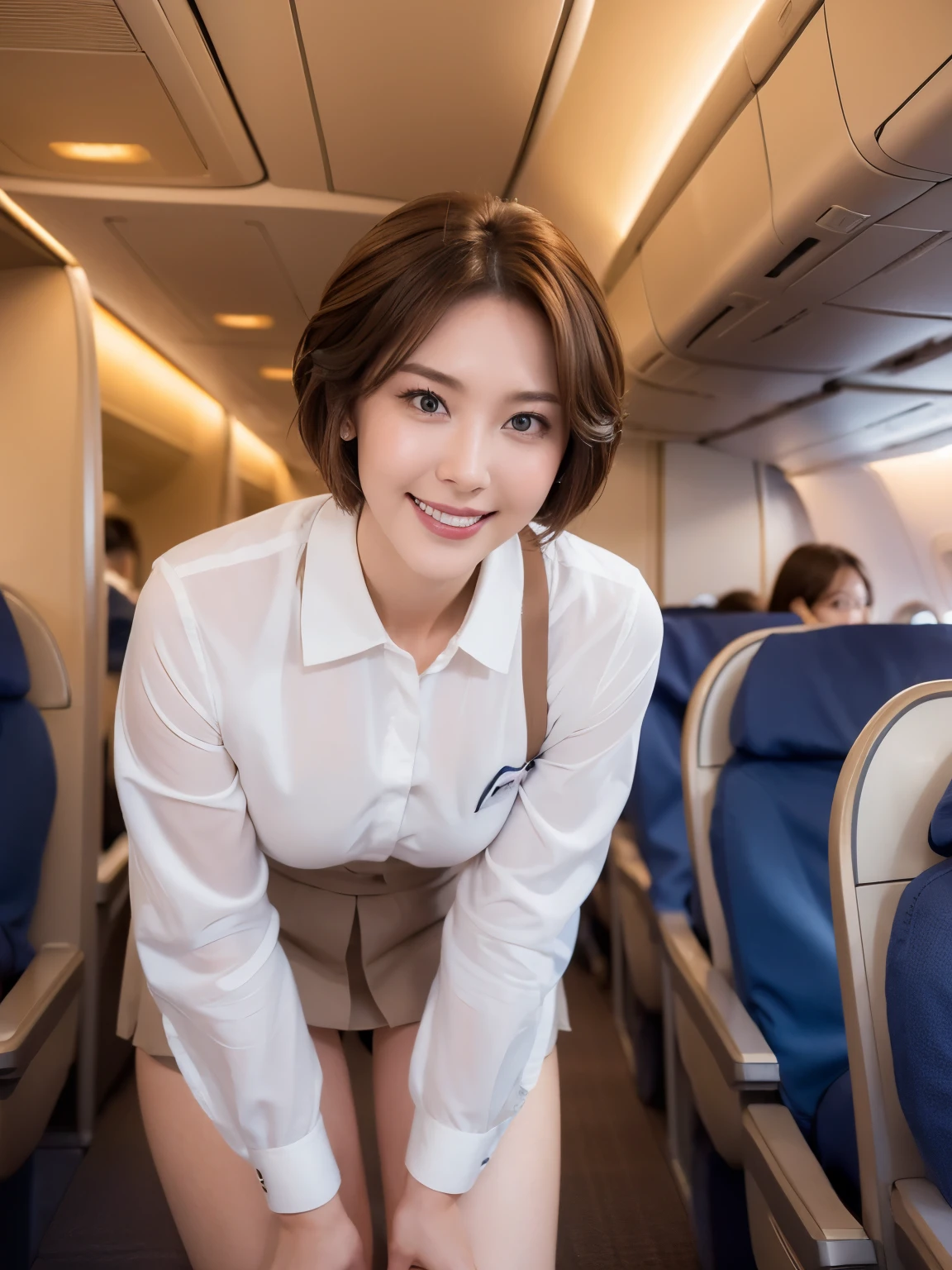 1 Female, A young woman aged 20、Ultra detailed face、Detailed lips、Detailed eyes、double eyelid、Round face、(Brown Hair、short hair、Bob Hair、Like an airplane stewardess々Do a good job)、(Stewardess Uniform:1.2)、(Attractive body)、(Huge breasts、smile、Gentle expression、Thighs Thighs Thighs Thighs, Exactly, Perfect Image Realism, background: (Business class aisle on airplane:1.2), 詳細なbackground, Attention to detail in the costumes, Perfect lighting、Hyperrealism、(Photorealistic:1.4)、Maximum resolution 8K, (masterpiece), Very detailed, Professional