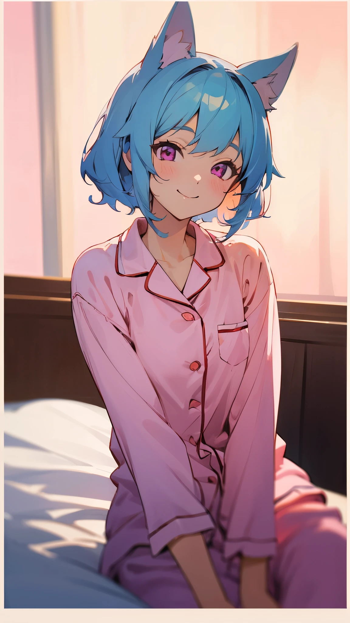 18-year-old girl sitting on bed、alone、Split seat、Anime style painting、Wearing pajamas、Light blue hair、Dog Ears、Pink Eyes、smile、smile、The soft texture of pajamas、Upper body close-up、Pink and orange colours、Background Blur、Depth of the drawn border
