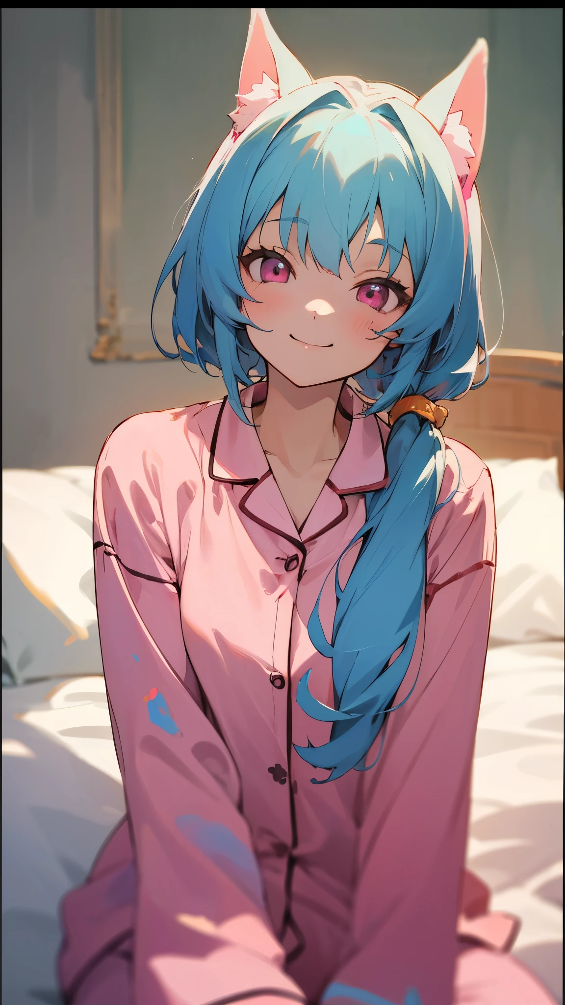 18-year-old girl sitting on bed、alone、Split seat、Anime style painting、Wearing pajamas、Light blue hair、Dog Ears、Pink Eyes、smile、smile、The soft texture of pajamas、Upper body close-up、Pink and orange colours、Background Blur、Depth of the drawn border