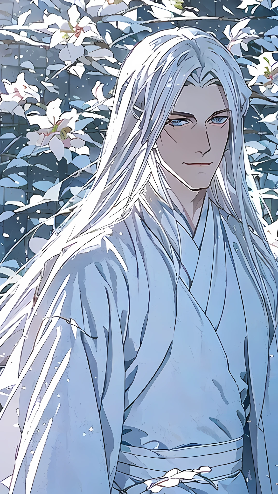 (Man: 1.0), man, long white hair, white kimono with lilies, White skin, Blue eyes, , battle fan, skinny, pronounced cheekbones, японская Deathte: 0.5) japanese mythology
