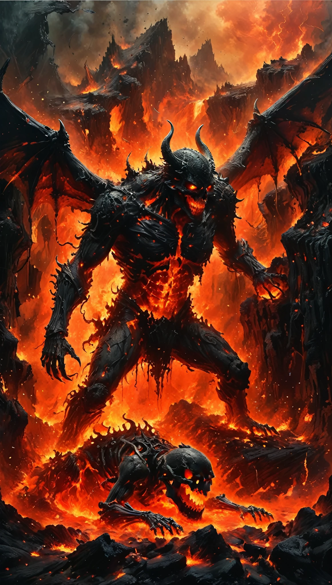 (high quality, detailed, realistic:1.37), (horror, dark, demonic) (1 demon，Its body is made of lava.:1.5)。lava demon and demon knight struggle in the open court of hell. A bride, (chained; shackled; bound) stands elevated above, with flowing lava, lava waterfall, cracks, viscous liquid among (skulls, skeleton) scattered on the ground.Linked to the shoulder blade and ankle，Chain，shackles，，，struggle，Break free
