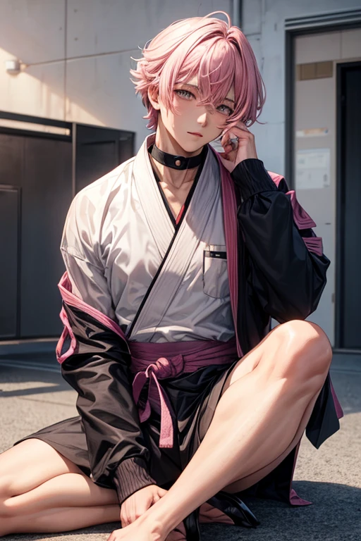 A male student attending a jujutsu technical college with high-tone pink beige hair and black hair at the bottom