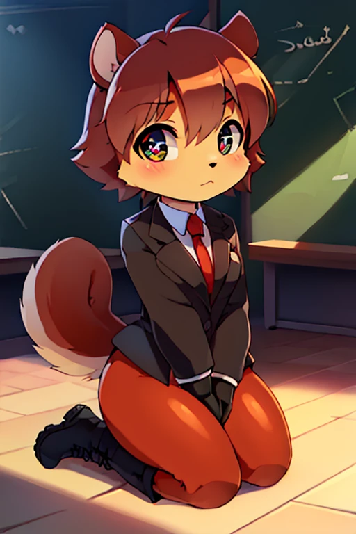 boy, squirrel, furry, bodyfur, blazer, bottomless, color tights, gloves, boots, chibi, school, kneeling, sparkling eyes