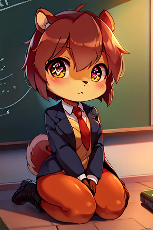 boy, squirrel, furry, bodyfur, blazer, bottomless, color tights, gloves, boots, chibi, school, kneeling, sparkling eyes