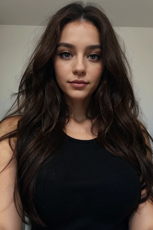 femme italienne de 29 ans, long brown slightly curly hair, yeux bleus, visage parfait, professional makeup like model,  C et portant un haut noir