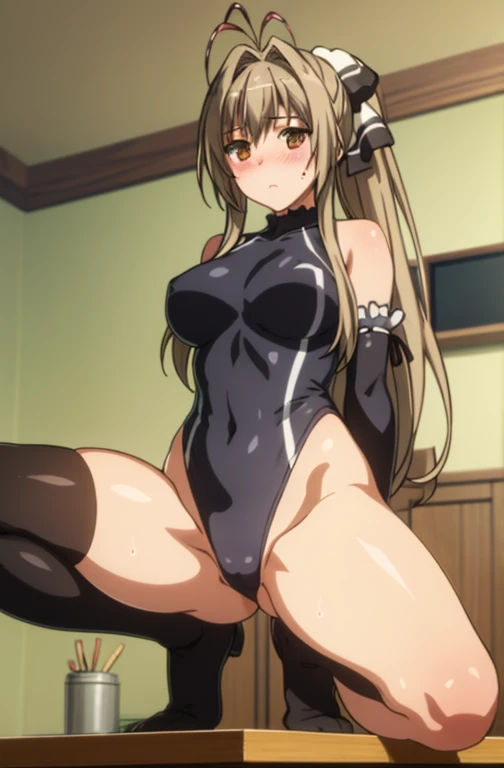 highest quality, (masterpiece:1.2), Very detailed, indoor, One girl, alone, Sento Isuzu, blush, Looking at the audience, Brown Hair, Long Hair, Antenna Hair, ponytail, Brown eyes, ribbon,Large Breasts,leotard,Crouching with legs apart