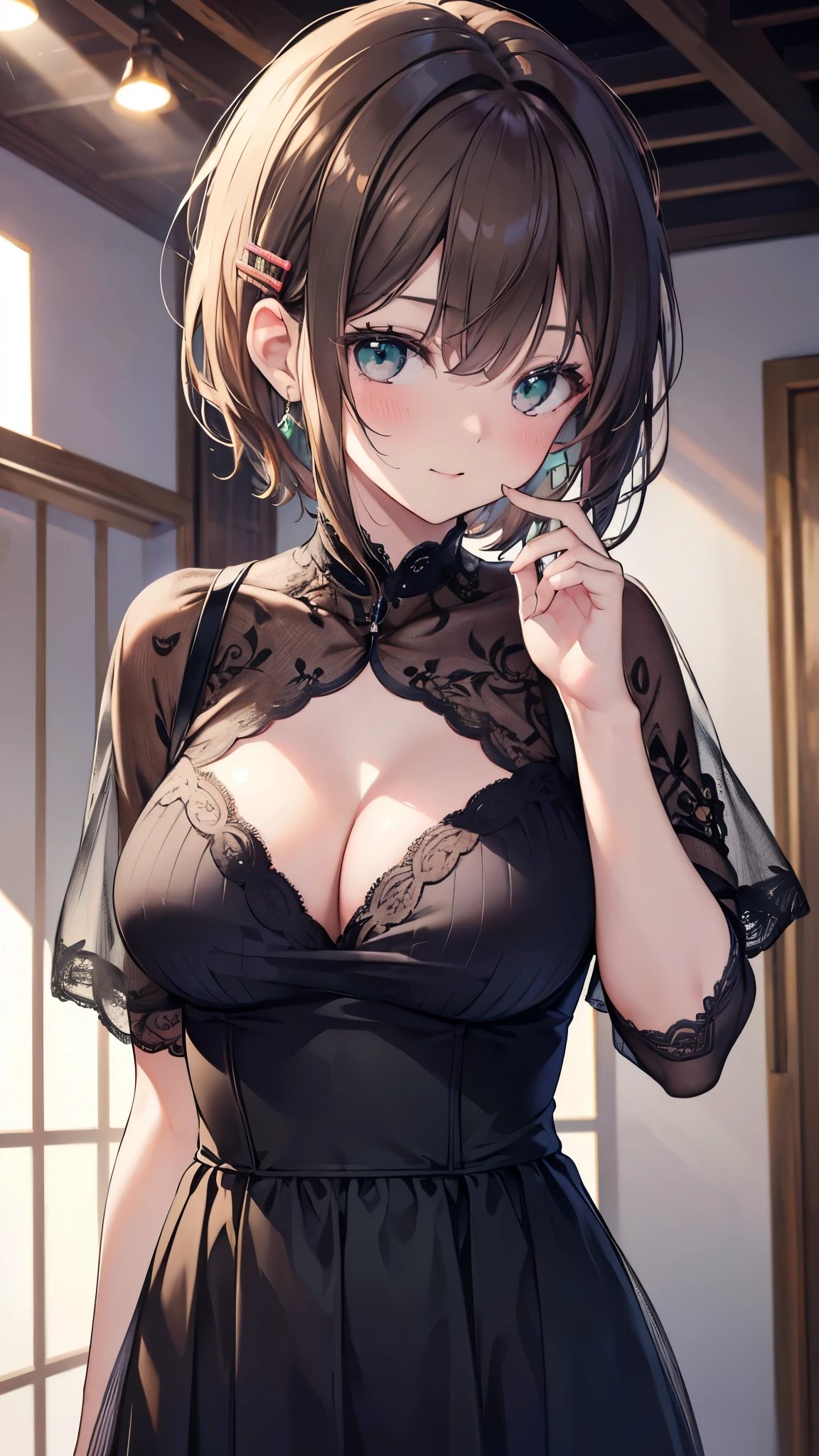 (best quality), (Super detailed), (Best Illustration), (woman), look at viewer, {(dress), (clothes lift:1.2), (show off bra:1.3)}, (large breasts), {(detailed eyes), (heart-shaped pupils), blue eyes}, {brown hair, (sideburns), (bob cut:1.3), curly hair, hairs between eyes, colored inner hair}, blush, earring, hair band,