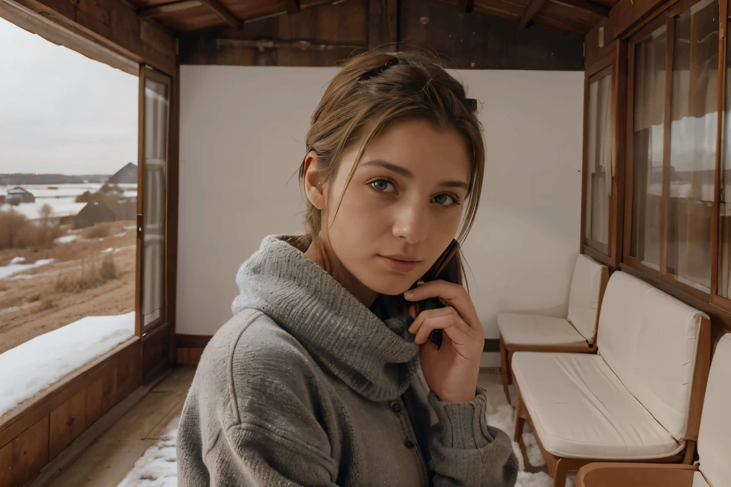 Huelva, Spain, 2002. ((((20 year old)) Agnes)), piercing light of the eyes, talking on the phone in the winter house location. ((((2000s casual winter wear)))), ((2000s hairstyle))