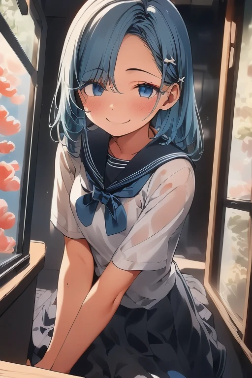 girl、jellyfish、Spreading hair、Aquarium、Light blue transparent hair color、Sailor suit、Beautiful colors、Neon color、