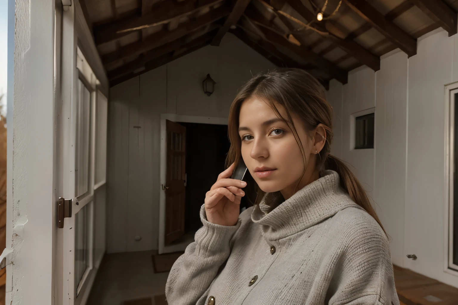 Huelva, Spain, 2002. ((((20 year old)) Agnes)), piercing light of the eyes, talking on the phone in the winter house location. ((((2000s casual winter wear)))), ((2000s hairstyle))