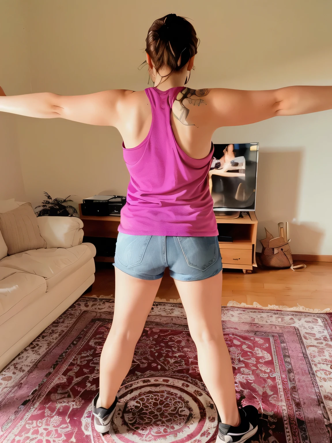 there is a woman standing on a skateboard in a living room, from back, centered full body rear-shot, back pose, long shot from back, view from the back, back arched, from the back, in full growth from the back, hunched shoulders, long shot from the back, t pose, showing her shoulder from back, her back is to us