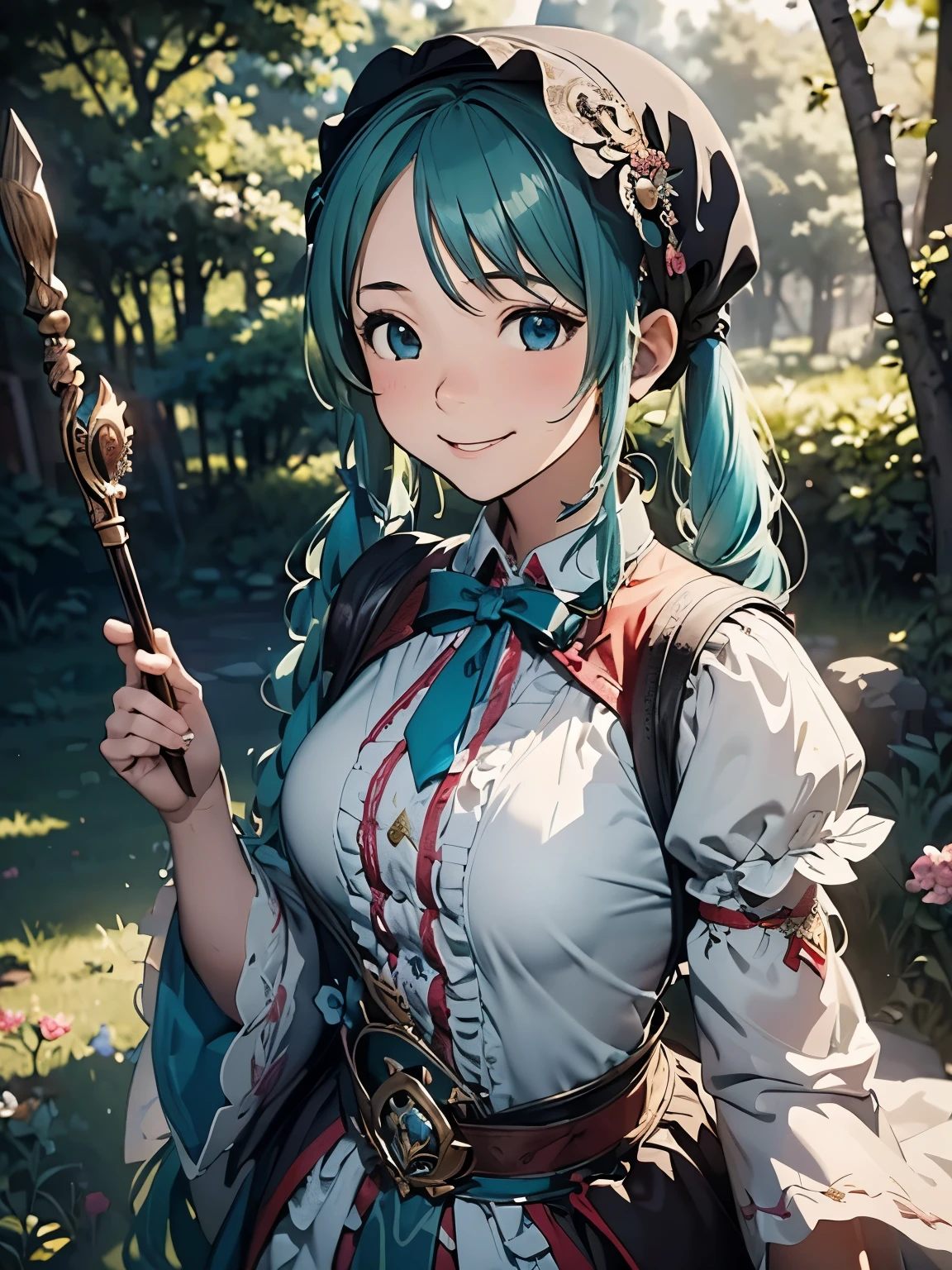 (masterpiece、highest quality、highest quality、Official Art、Beautiful and beautiful:1.2)、(One girl:1.3)Hatsune Miku、Twin tails,Big Breasts,masterpiece, highest quality, Lisa, hair ornaments, bonnet, Cowboy Shot, Upper Body, smile, View your viewers, Field, wood, Carrying a walking stick, Magic healing wand