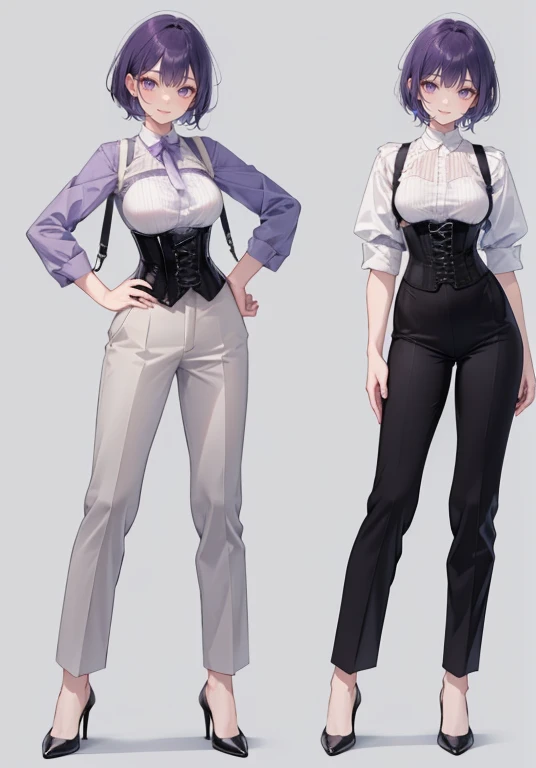 Purple hair,short cut hair,Adult female,Bartender,((Body harness)),((Rolling up your sleeves shirt)),(Corset),(slacks),(slit),High heels,((Simple background)),Smile,((Full body)),((whole body)),Character Sheet,