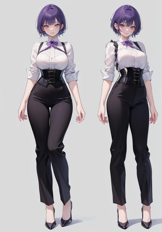 Purple hair,short cut hair,Adult female,Bartender,((Body harness)),((Rolling up your sleeves shirt)),(Corset),(slacks),(slit),High heels,((Simple background)),Smile,((Full body)),((whole body)),Character Sheet,