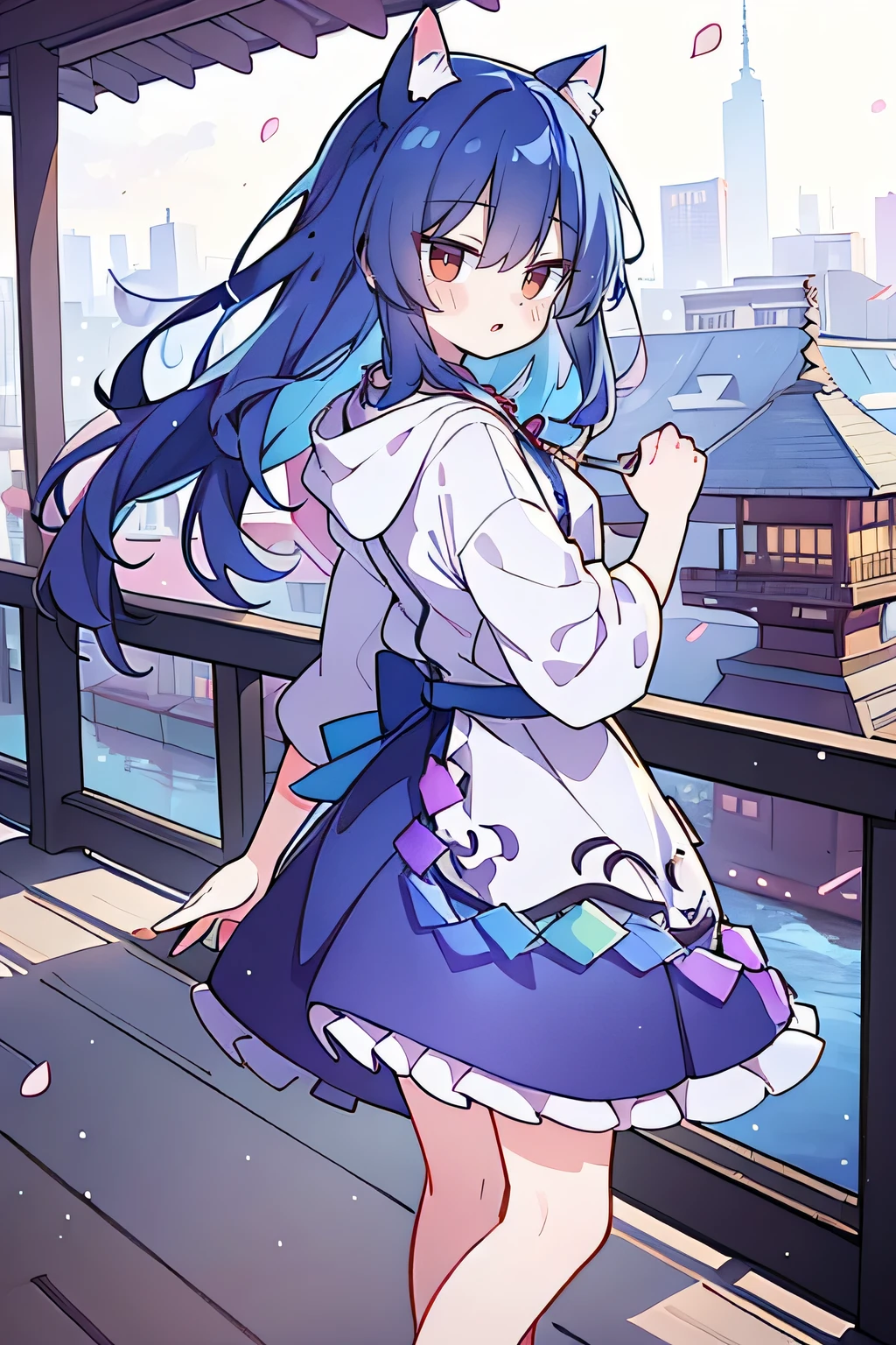 (best quality,4k,8k,highres,masterpiece:1.2),ultra-detailed,realistic eyes, fair skin, perfect facial features: eyes, nose, lips, long eyelashes, beautiful and detailed eyes and face, gorgeous blue hair flowing in the wind, flowing clothes, delicate cat ears, petals falling around, a beautiful Lola, a baby angel, the girl gently shaking her head with one hand, legs crossed, a serene and peaceful background with a cool and comfortable pavilion, a gentle smile, wearing a hoodie, the background of Tokyo, a view of the girl from behind, snowing, winter, wet clothes.