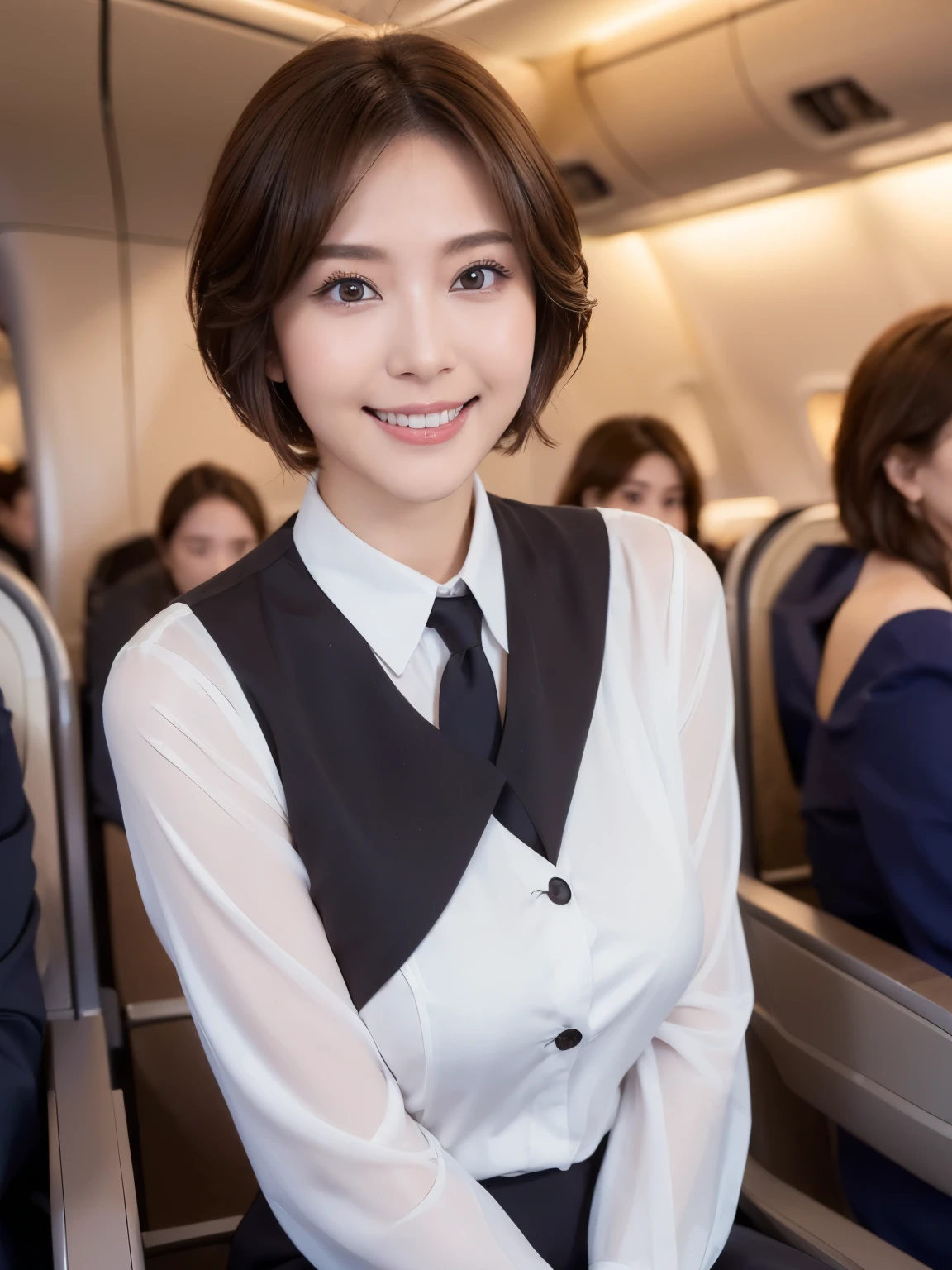 1 Female, A young woman aged 20、Ultra detailed face、Detailed lips、Detailed eyes、double eyelid、Round face、(Brown Hair、short hair、Bob Hair、Like an airplane stewardess々Do a good job)、(Stewardess Uniform:1.2)、(Attractive body)、(Huge breasts、smile、Gentle expression、Thighs Thighs Thighs Thighs, Exactly, Perfect Image Realism, background: (Business class aisle on airplane:1.2), 詳細なbackground, Attention to detail in the costumes, Perfect lighting、Hyperrealism、(Photorealistic:1.4)、Maximum resolution 8K, (masterpiece), Very detailed, Professional