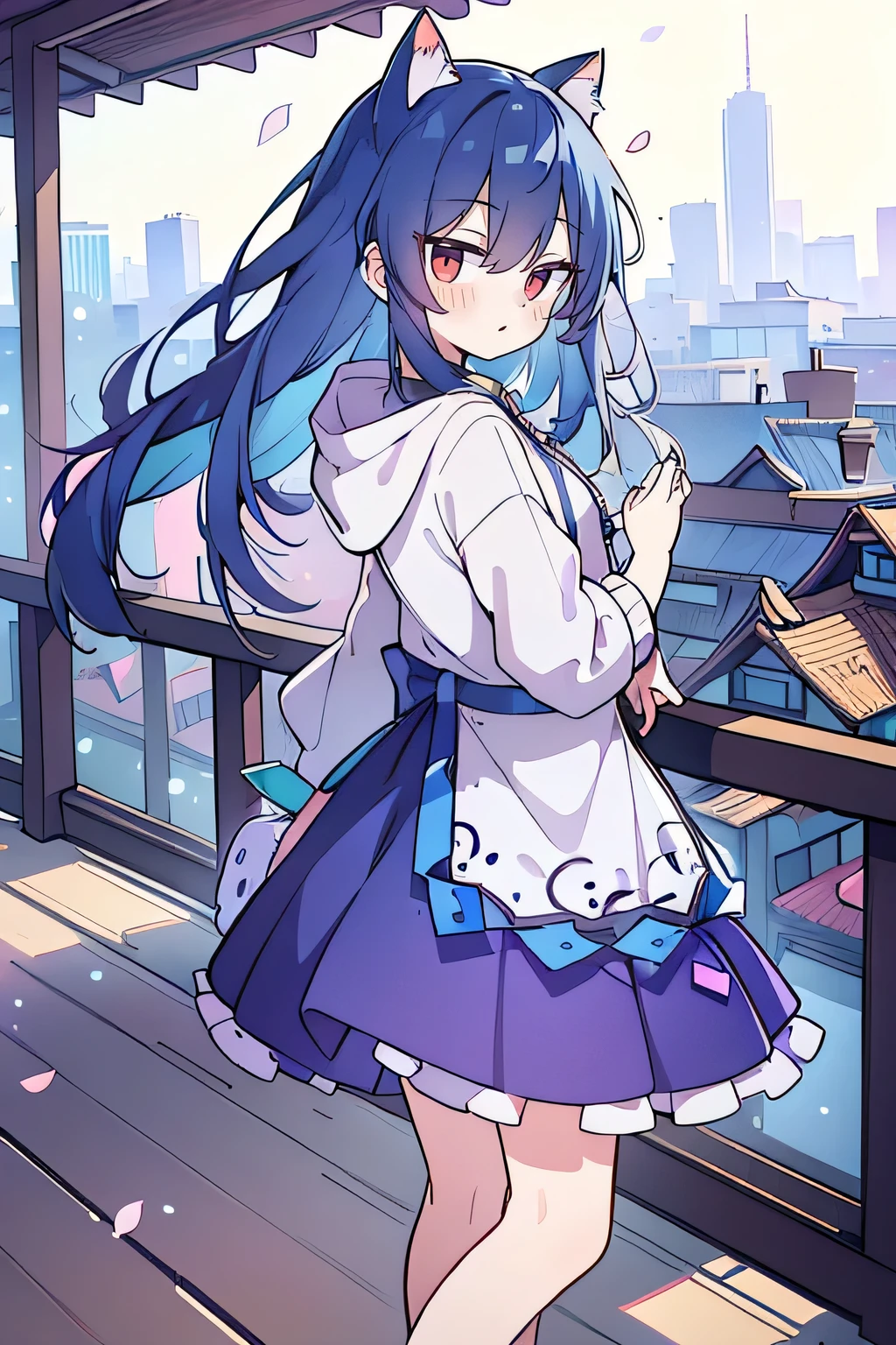 (best quality,4k,8k,highres,masterpiece:1.2),ultra-detailed,realistic eyes, fair skin, perfect facial features: eyes, nose, lips, long eyelashes, beautiful and detailed eyes and face, gorgeous blue hair flowing in the wind, flowing clothes, delicate cat ears, petals falling around, a beautiful Lola, a  angel, the girl gently shaking her head with one hand, legs crossed, a serene and peaceful background with a cool and comfortable pavilion, a gentle smile, wearing a hoodie, the background of Tokyo, a view of the girl from behind, snowing, winter, wet clothes.