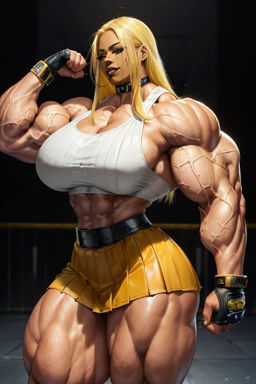 (((((Massive, tall, beautiful, light brown skinned, buff, muscular woman with yellow hair, black lipstick, ginormous bulky muscles and wearing a white leather sports bra with pleated skirt))))), (close view), (massive muscle), massive biceps, hyper muscle shoulders, vascular shoulders, hyper muscle triceps, (long flowing hair), gray eyes, (wristbands), choker, school shoes, (in penitentiary), fingerless gloves, closed smile, night, hyper vascular arm, hyper muscles arms, hyper muscle legs, massive arms.