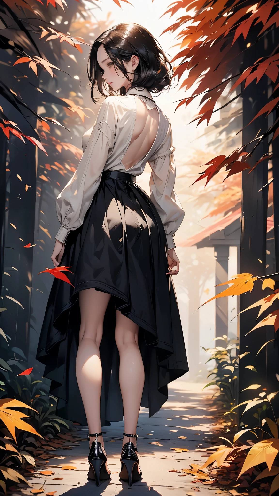 ((Biologically correct limb count))、(( A full-body illustration from toes to face))、4K、Masterpiece、((Eyes with delicate depictions、Detailed depiction of faces、Focus on the face))、((Symmetrical, well-proportioned facial features))、Beautiful woman、Outstanding style、Beautiful clavicle、Beautiful legs、Beautiful Hands、Slender Body、(shirt、skirt、High heels)、Looking up、High angle、The background is a beautiful park with autumn leaves、((Walking posture))、Black Hair、((Back view))、((Looking back))